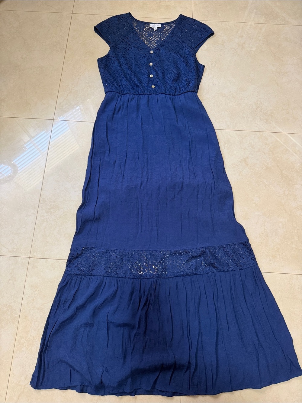 Luxology Navy Crochet Maxi Dress - Cap Sleeve Button Front